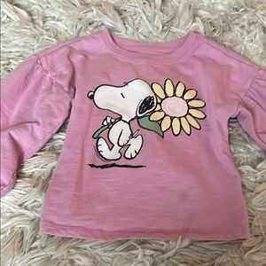 Long Sleeve Pink Tee with Snoopy Graphic and Sunflower